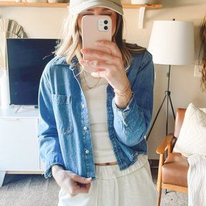 Cropped Denim Pearl Button- Up Shirt